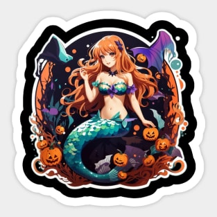 Cute Halloween Mermaid with Pumpkins Sticker